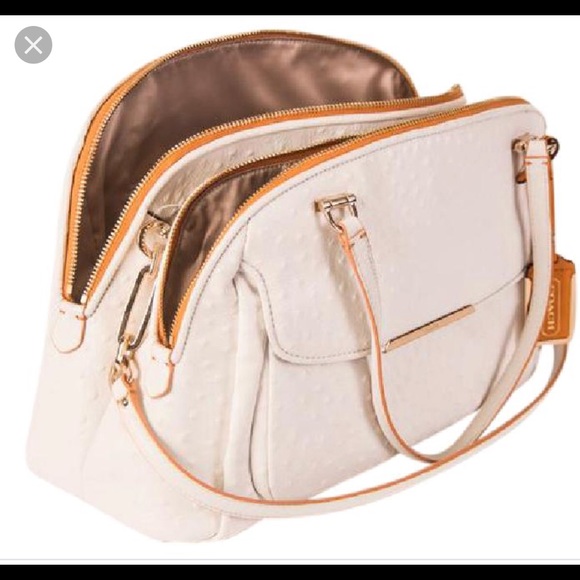 Coach Handbags - Coach white leather ostrich bag with orange trim L